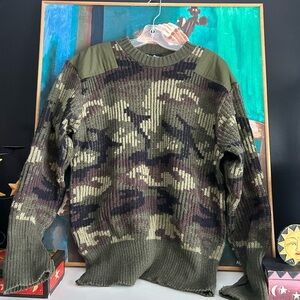 Vintage Peter Storm Men's Olive Camouflage Thick Knit Wool Crewneck Sweater XL